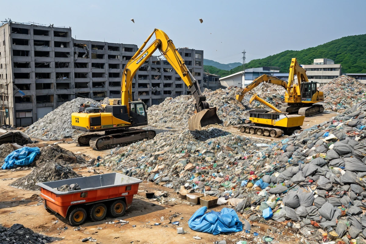 창원시 퇴촌동 철거 현장에서 유해 물질을 안전하게 제거하는 과정. 철거된 건물의 잔해 위에 깔린 방진막과 폐기물 분리 장비가 정리된 모습.