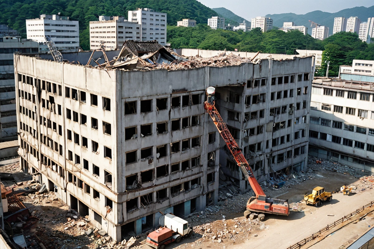 창원시 팔용동의 1980년대 건물 철거 전 구조 분석 현장. 건물 외벽과 지붕을 정밀하게 점검하는 철거 업체의 장비와 도구가 배치되어 있는 모습. 건물은 구조적 취약점이 있을 수