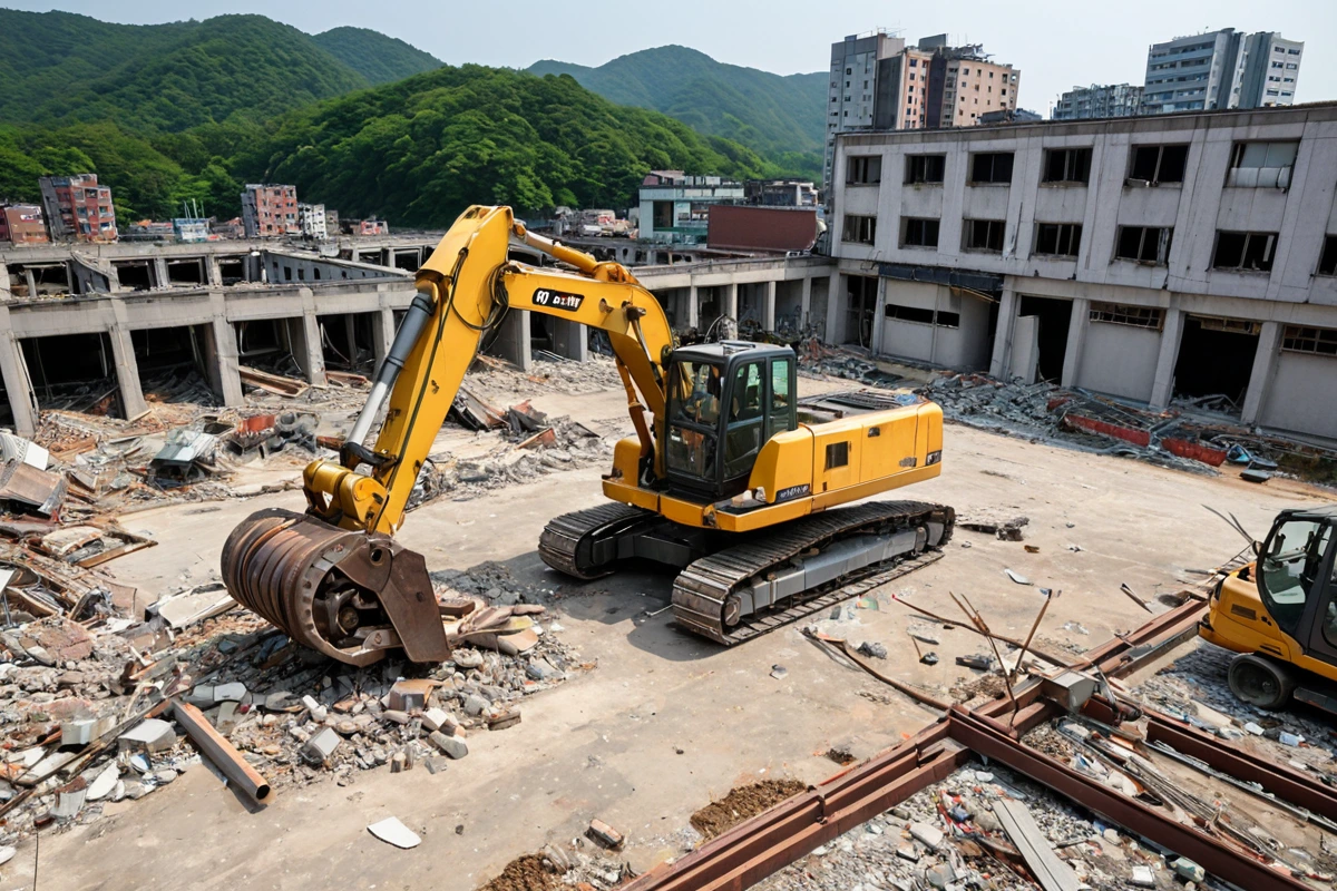 창원시 팔용동의 한 건물 철거 전 현장에서, 구조물의 상태를 확인하는 철거 업체의 전문 장비가 정확히 위치한 모습. 철거 전 사전 점검을 위한 정밀한 조사 장면으로, 구조물의 일부