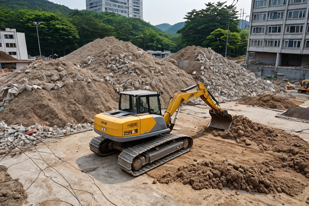 창원 중동 지역의 철거 현장에서 안전 장치가 철저히 설치된 모습. 구조물의 안전 지지대와 안전망이 잘 배치된 철거 현장의 전경, 원상복구 작업을 위한 정돈된 흙과 잔해가 보입니다.