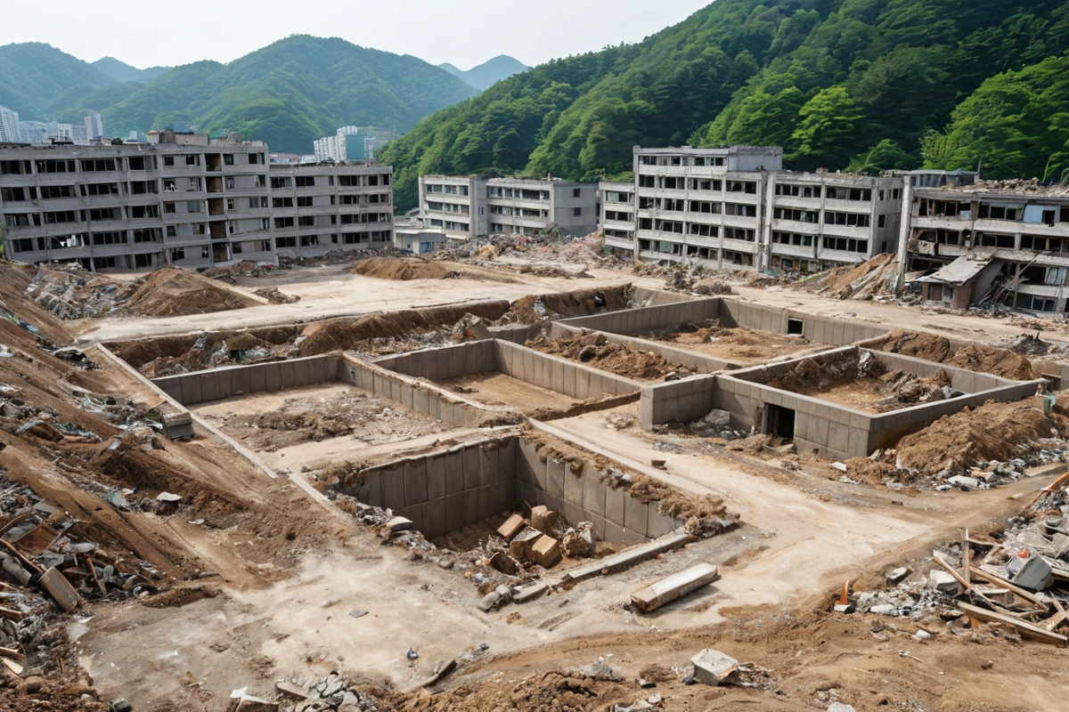 창원 중동 철거 작업 후 원상복구가 완료된 정돈된 토지. 흙과 잔해가 제거되고, 평탄한 지면 위에 철거 후 남은 기초 구조물이 정리되어 있는 모습.